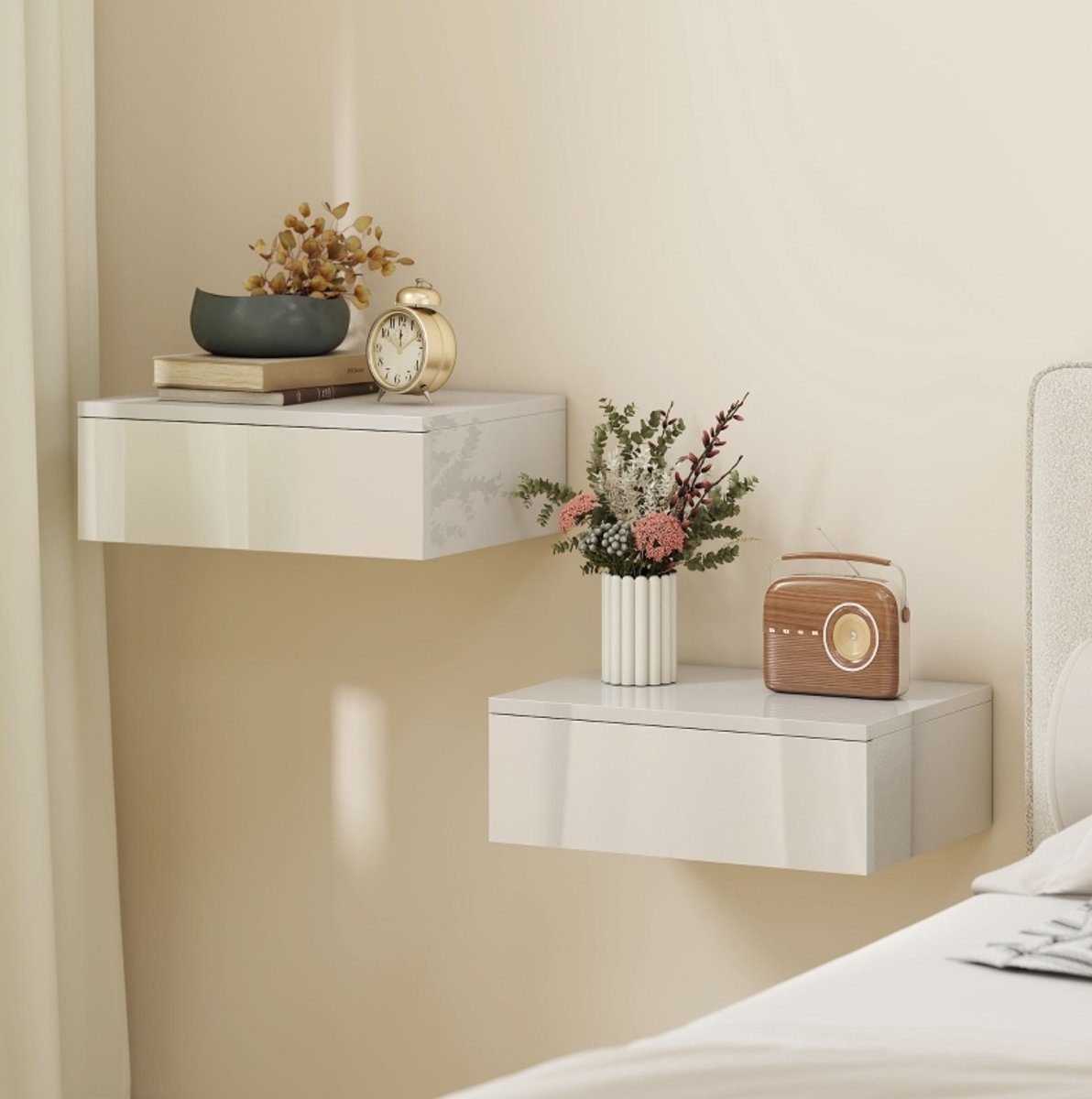 REDOM - Nachtkastje - Wandmontage - Met lade - Set van 2 - Voor slaapkamer - Spaanplaat met melamine - Wit - 40 x 30 x 14 cm