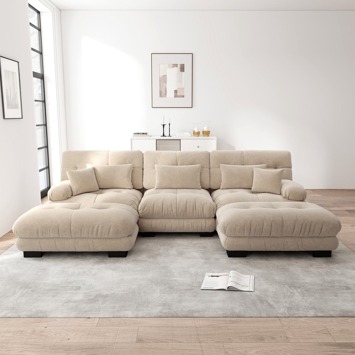 U-bank - 313 x 145 x 81 cm - chenille bekleding - met slaapfunctie - modulair samen te stellen - inclusief kussens - met veer- en schuimvulling