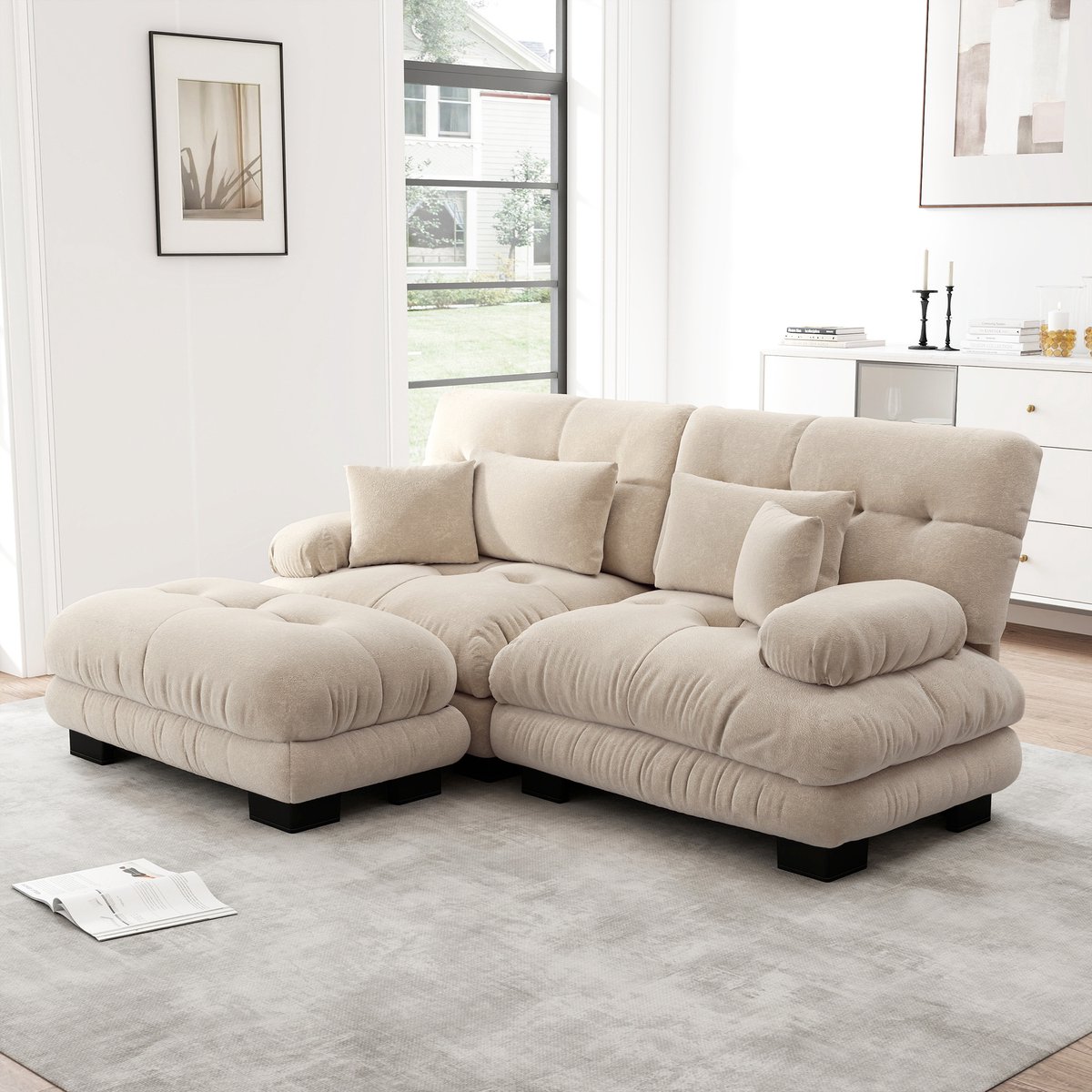 U-bank - 220 x 145 x 81 cm - chenille bekleding - modulair samen te stellen - inclusief kussens - met veer- en schuimvulling - met armleuningen