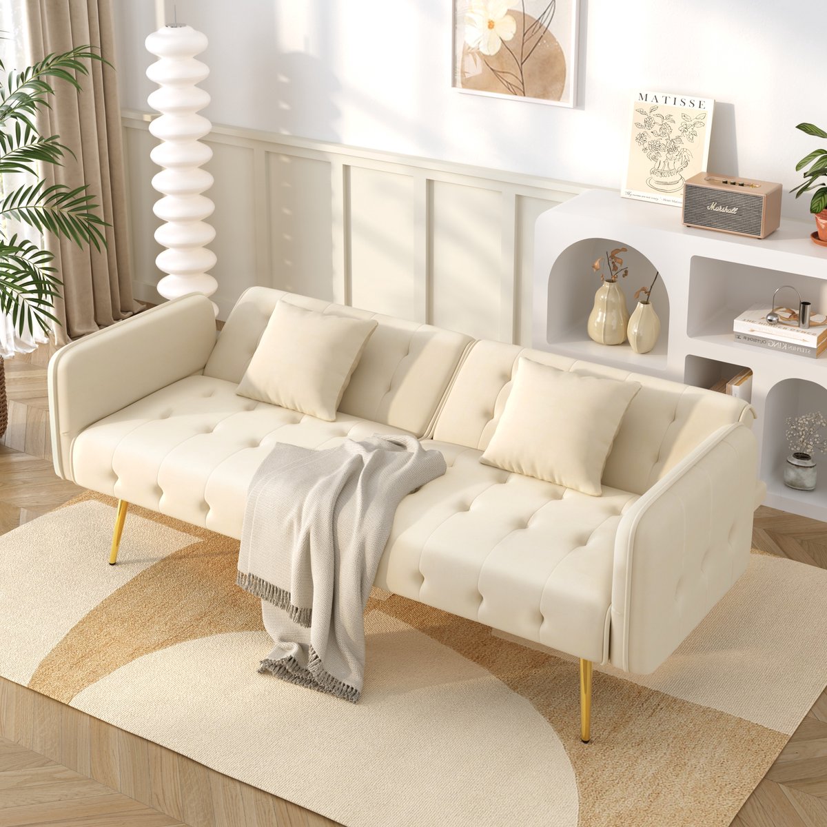 Slaapbank - 178 x 82 x 70 cm - met schuimvulling - met slaapfunctie - met verstelbare rugleuning - inclusief kussens - met houten poten - Beige