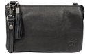 Zwarte leren clutch met franjes, polsband en BEAR logo op de voorkant.