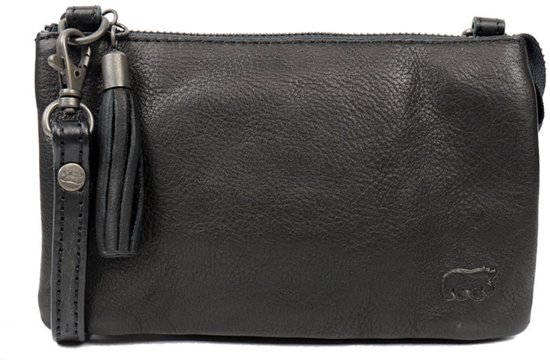 Zwarte leren clutch met franjes, polsband en BEAR logo op de voorkant.