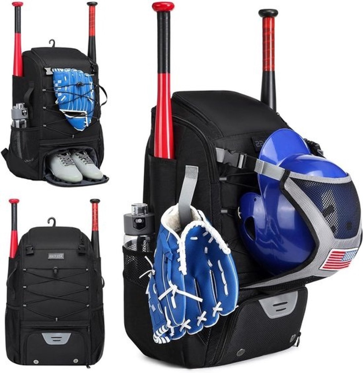 Honkbaltas - Sportuitrusting Tas - Sporttraining Vervoeren - Externe Helmhouder - 61 x 35 x 22 cm - Zwart