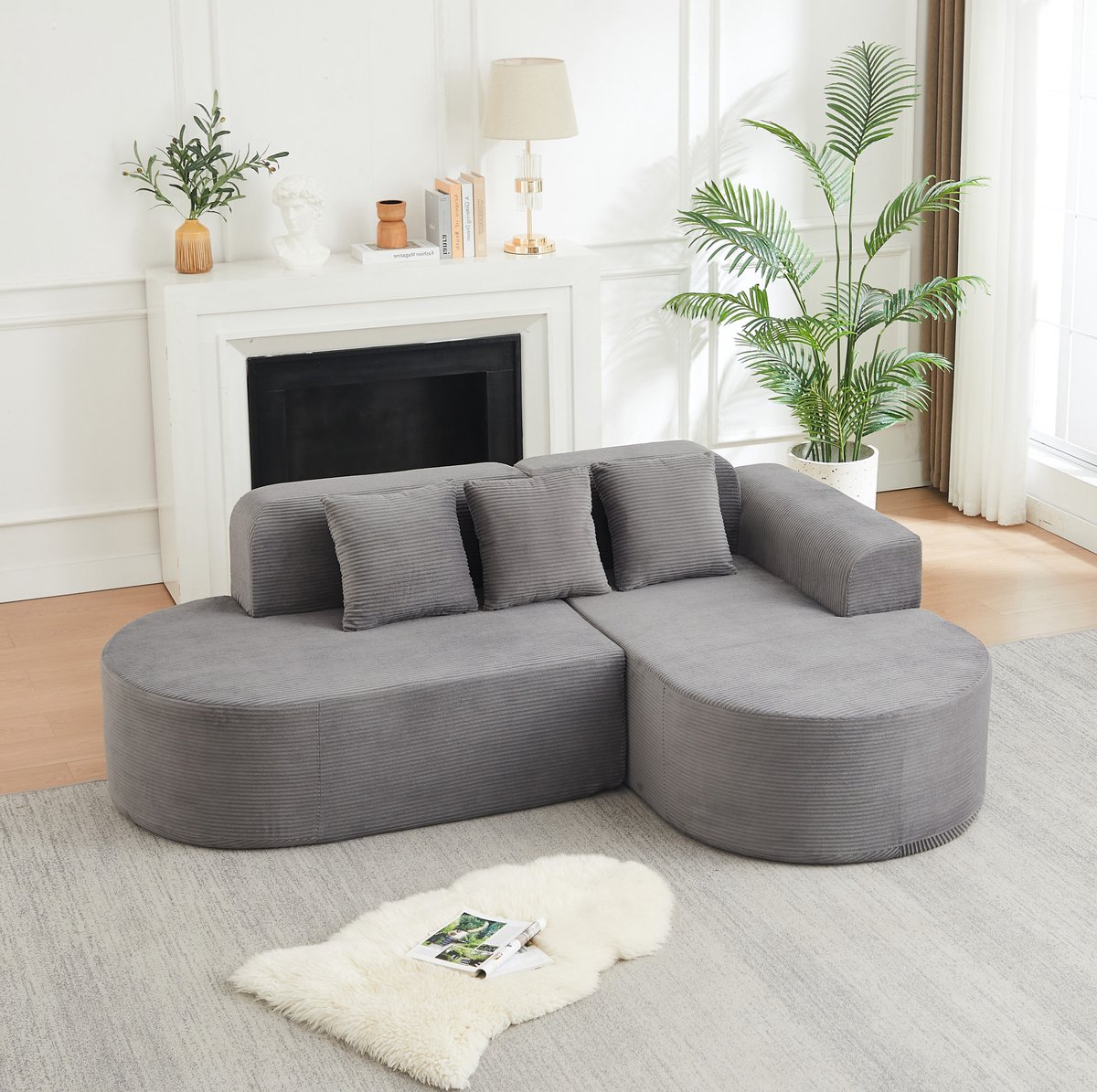 OKWISH Hoekbank 220 cm - L Vormige Modulaire Bank Met 3 Kussens - Zachte Corduroy Bekleding En Comfortabele Rondingen - Voor Woonkamer En Speelkamer - Grijs