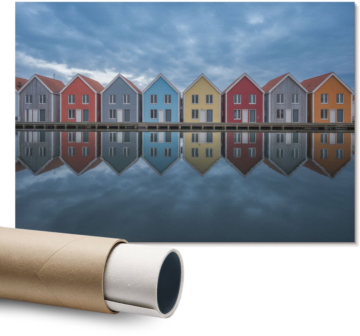 Coloray Polycanvas Wandposter – Kleurrijke Huizen, Grijs – A1 – Bruin Illustratie – Rechthoek – Decoratieve Wandposter – Woonkamer – Rustiek