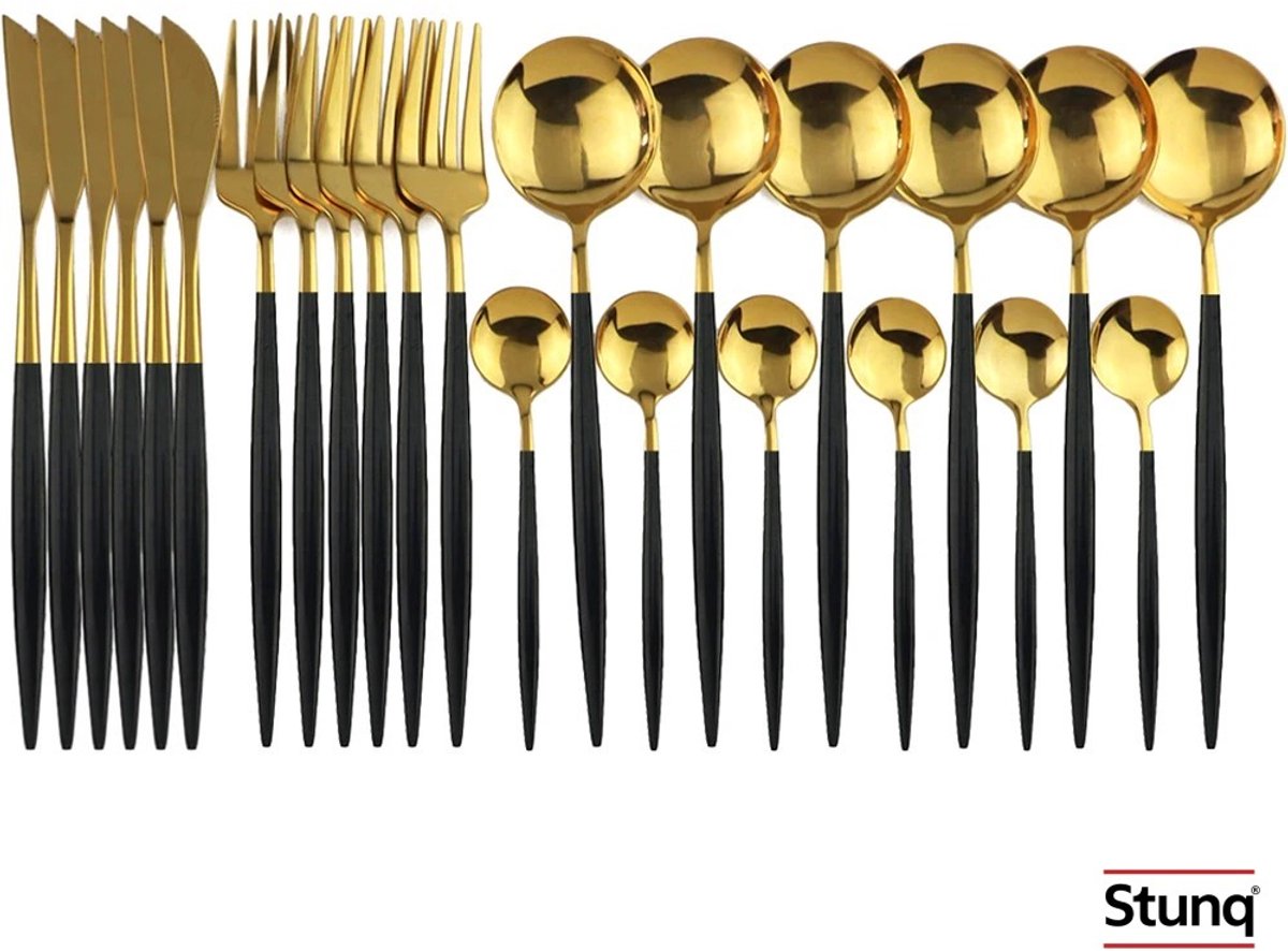 Stunq® 24-delige Bestekset Zwart Goud - Roestvrijstalen Servies voor 6 Personen