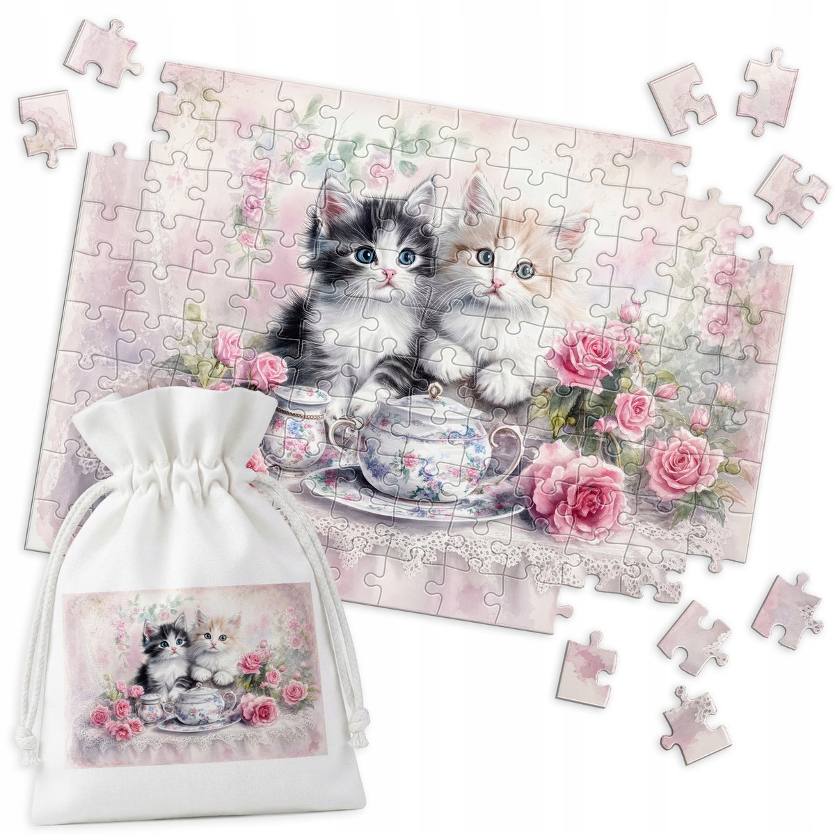 Traditionele Puzzel: Schattige Kittens met Rozen - 120 Stukjes