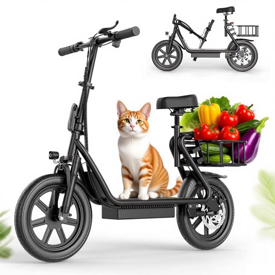 Zwarte opvouwbare elektrische step met een mand vol groenten en fruit en een oranje cyperse kat op het zadel.
