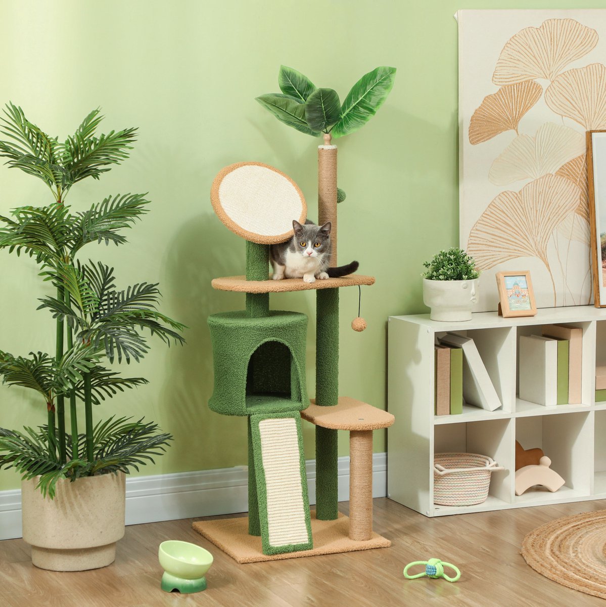 MODFU-Krabpaal-Met Huisje-Speelballen-Sisal-Groen-139 Cm