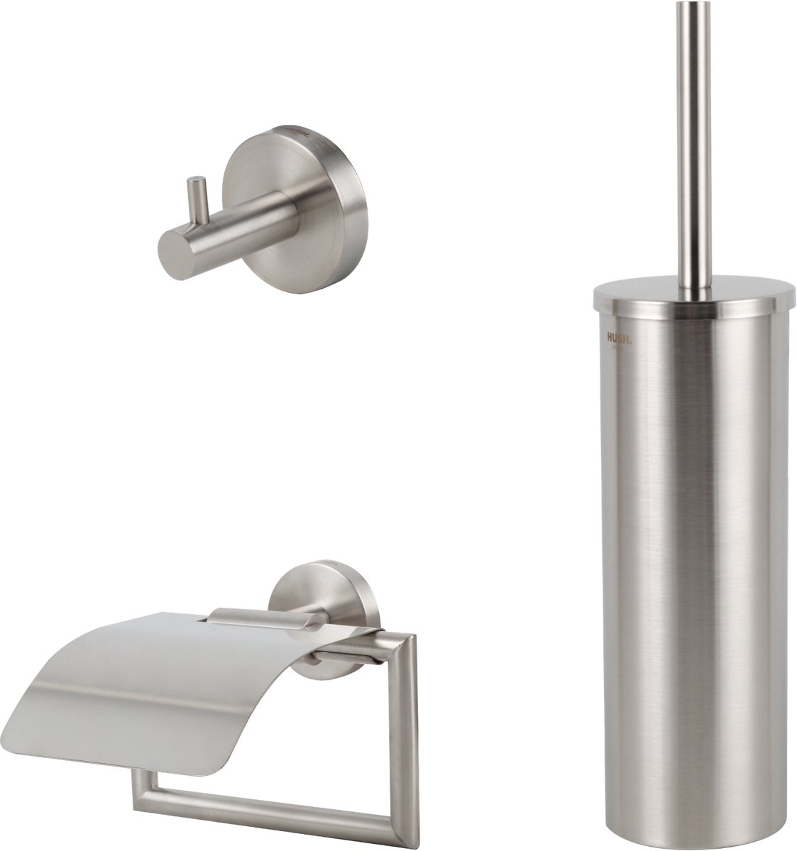 HUSH Living - Toiletaccessoireset 3-delig - Toiletborstel met Houder - Toiletrolhouder met Klep - Handdoekhaak geborsteld staal - RVS
