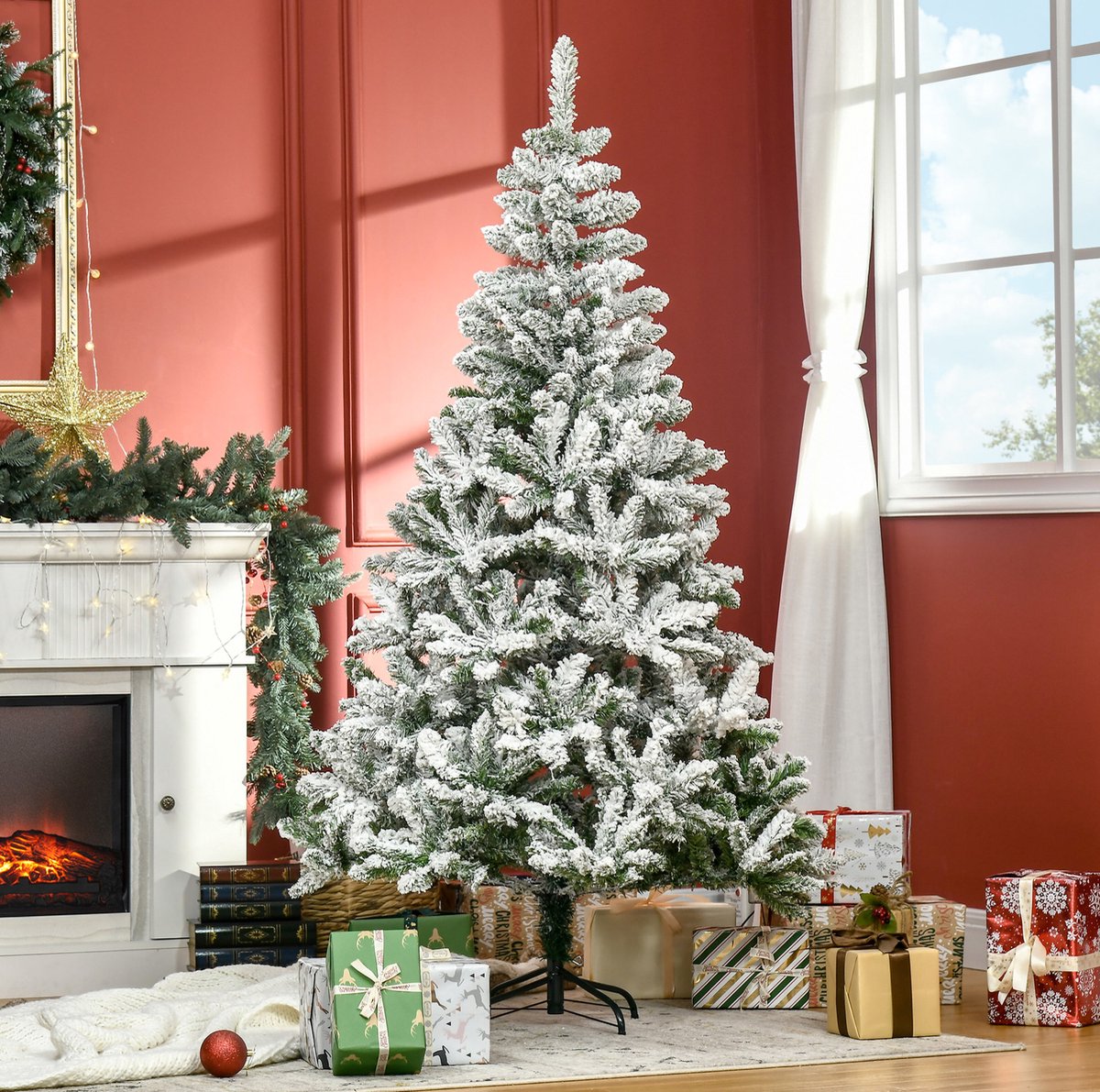 REDOM - Kunstkerstboom - Sneeuweffect - Scharnierconstructie met automatische opening - Brandvertragend - Voor binnen - Kunststof - Groen en wit - 180 x 105 cm