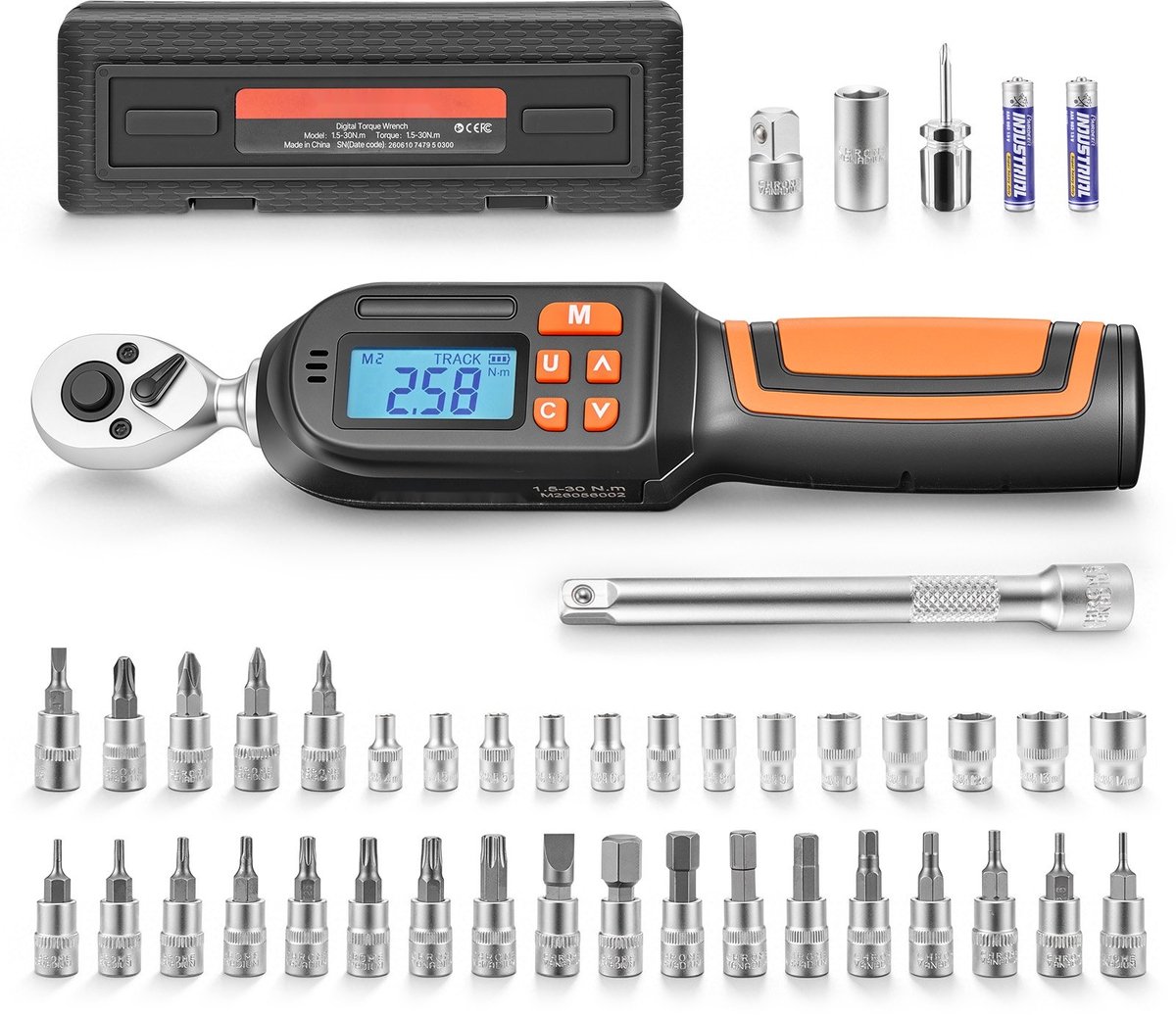 Digitale momentsleutelset - 0,635 cm aandrijving - 42-delig - 4 stuks - ±2% nauwkeurigheid - lcd-scherm met zoemer en led-indicator - Doppen, bits, verlengstukken en adapters