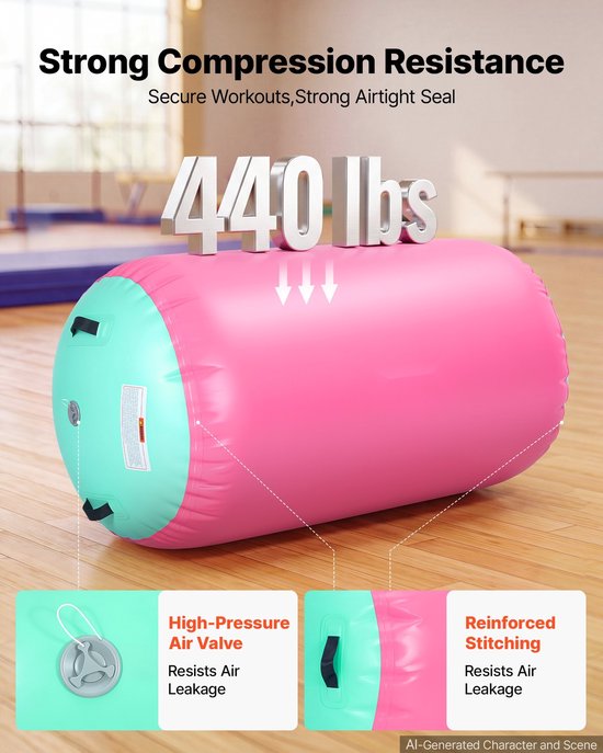Opblaasbare Gymnastiekrol - Airtrackrol - 120 x 75 cm - Met Pomp - Draagvermogen 200 kg - Instelbare Luchtdruk - Siliconen Handgrepen - Roze — afbeelding 2
