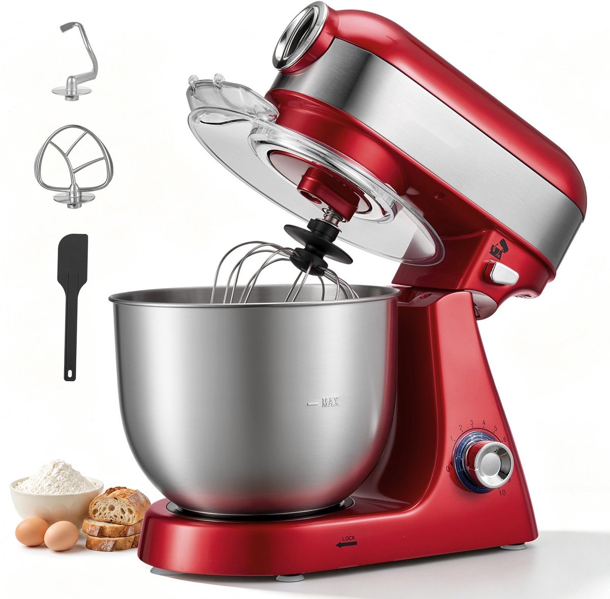 Elektrische Keukenmixer - Staande Deegmixer - 5 l, 1000 W - 10 Snelheden - Roestvrijstalen Mengkom - Kantelbare Kop - Spatbescherming - Rood