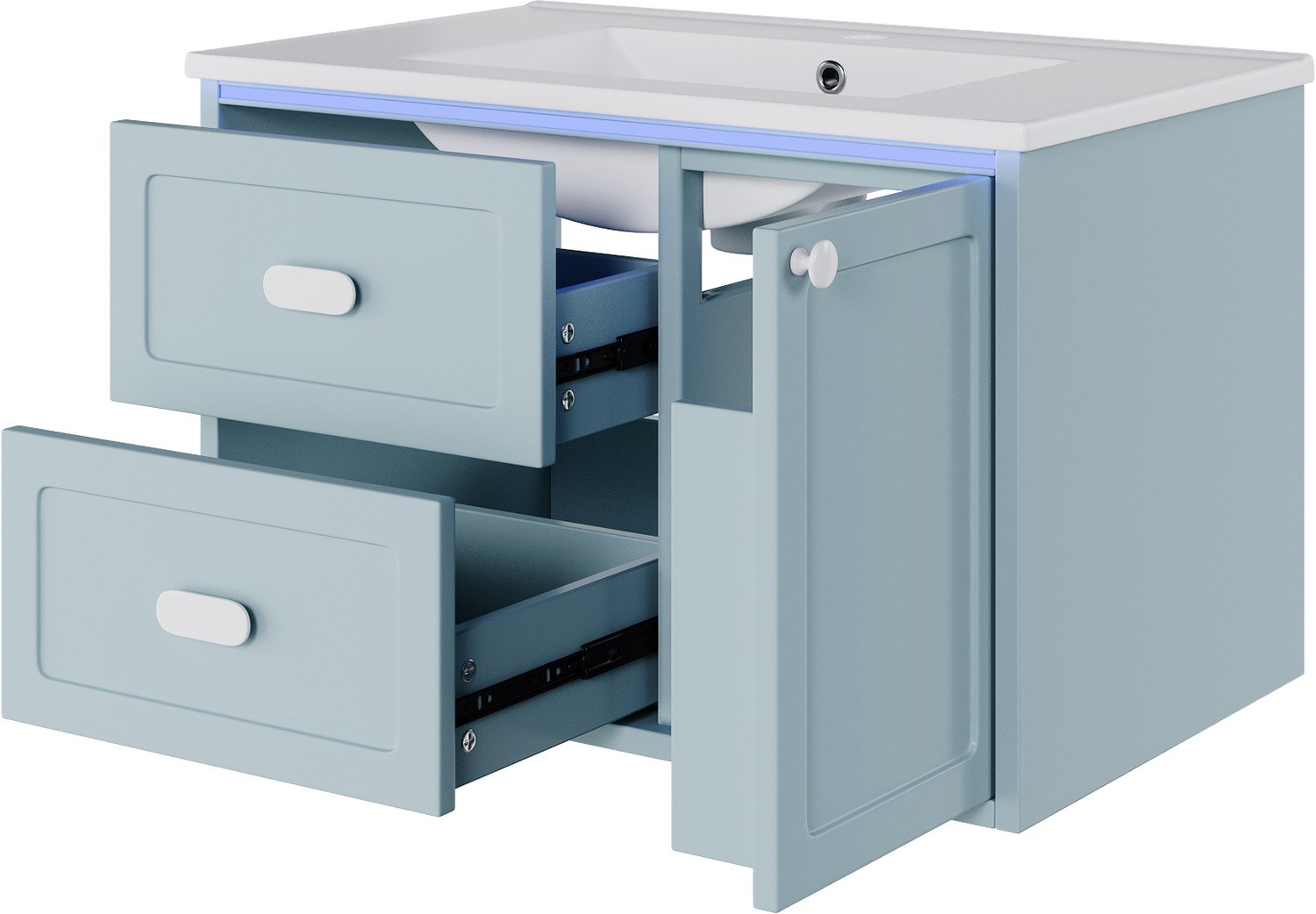 Wastafelkast 76 × 46 × 51 cm - Wandhangend badkamermeubel met 2 laden, kastdeur en LED-radarsensorverlichting - Blauw MDF met keramische wastafel