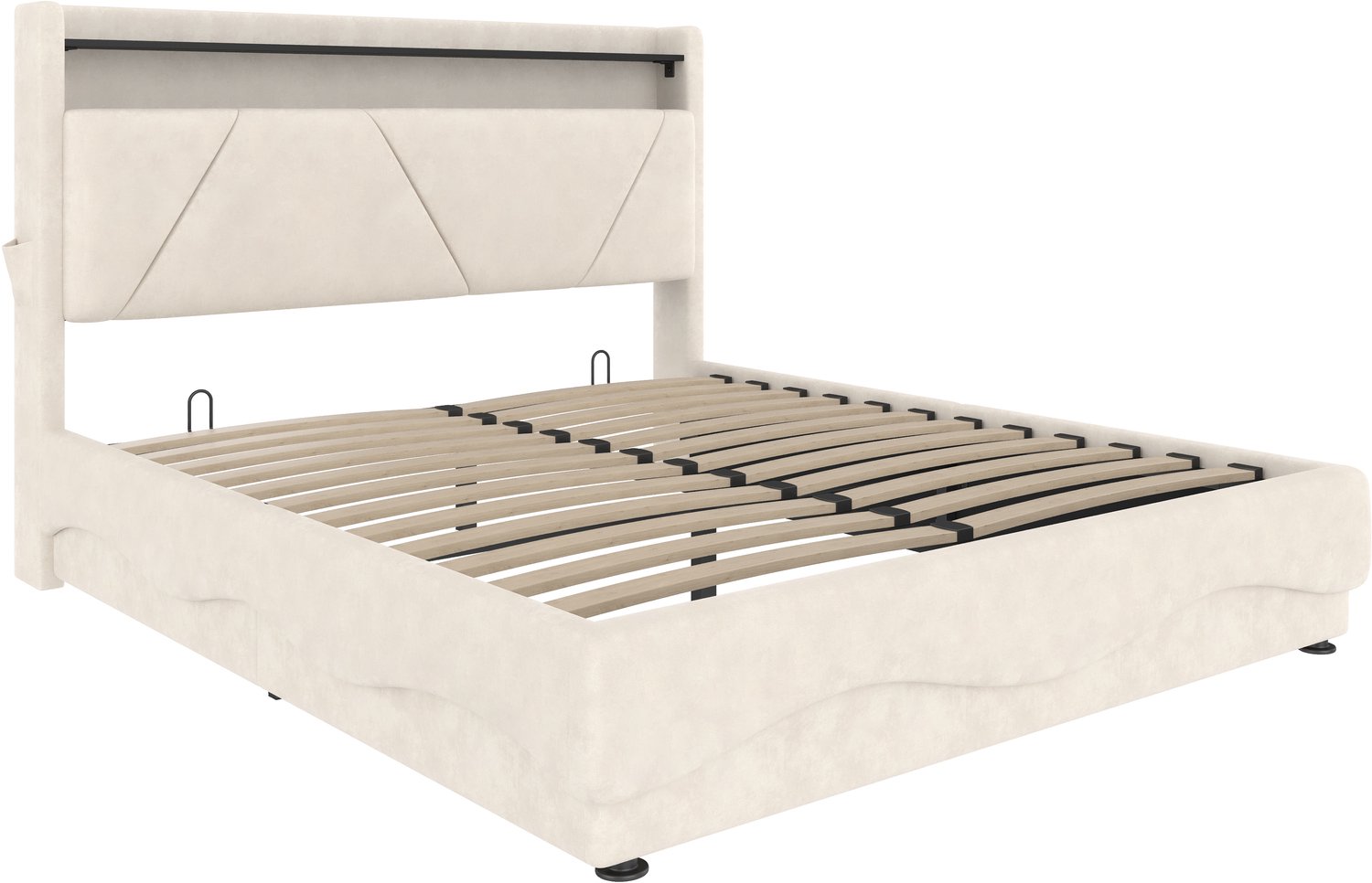 MUVANO Bed 160 x 200 cm met opbergruimte - Beige fluwelen bed met hoofdbord - LED-verlichting en USB-aansluitingen - 222 x 169 x 116,5 cm - slaapkamer