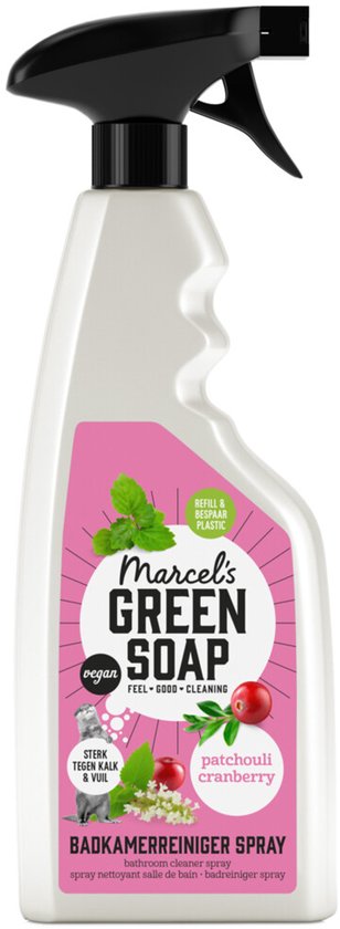 Marcel's Green Soap badkamerreiniger spuitfles, Patchouli & Cranberry geur, roze etiket, 500ml.