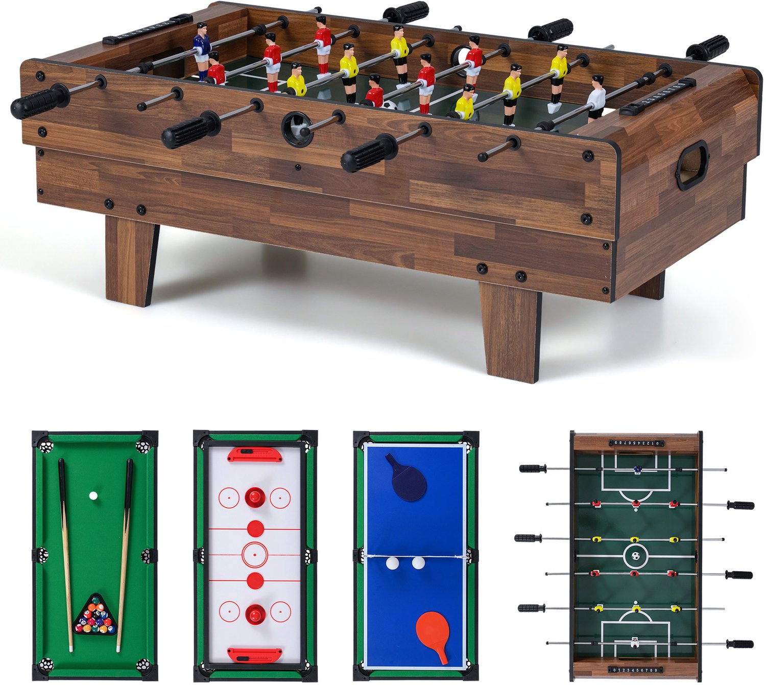 COSTWAY 4-in-1 speeltafel, tafelvoetbaltafel, biljart, airhockey, tafeltennis, multifunctionele tafel van hout, tafelvoetbal voor speelkamer, bars, voor kinderen en volwassenen