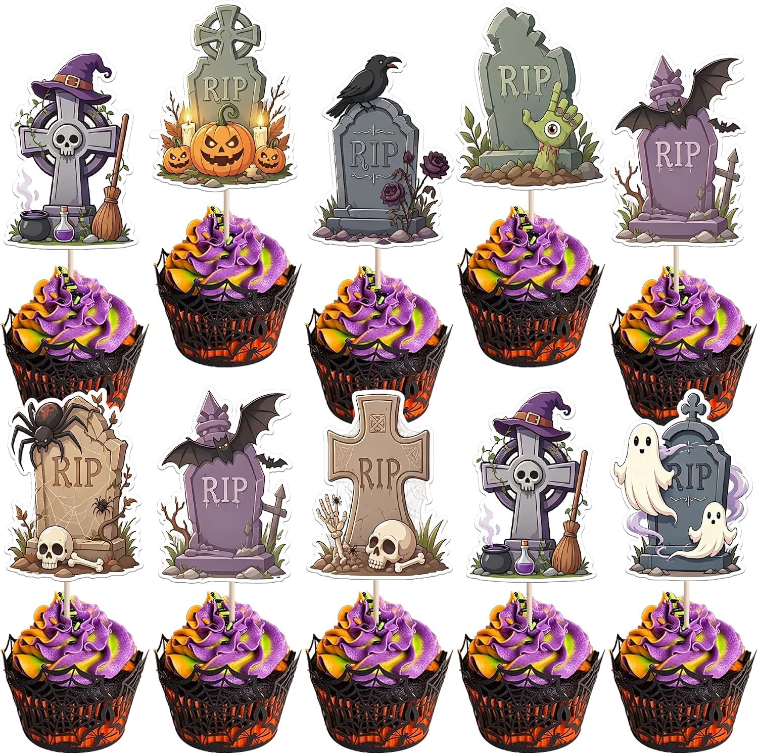 40 stuks Halloween taartdecoratie: geesten, spinnen, vleermuizen