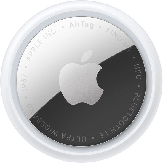 Ronde witte en zilveren Apple AirTag met Apple-logo.