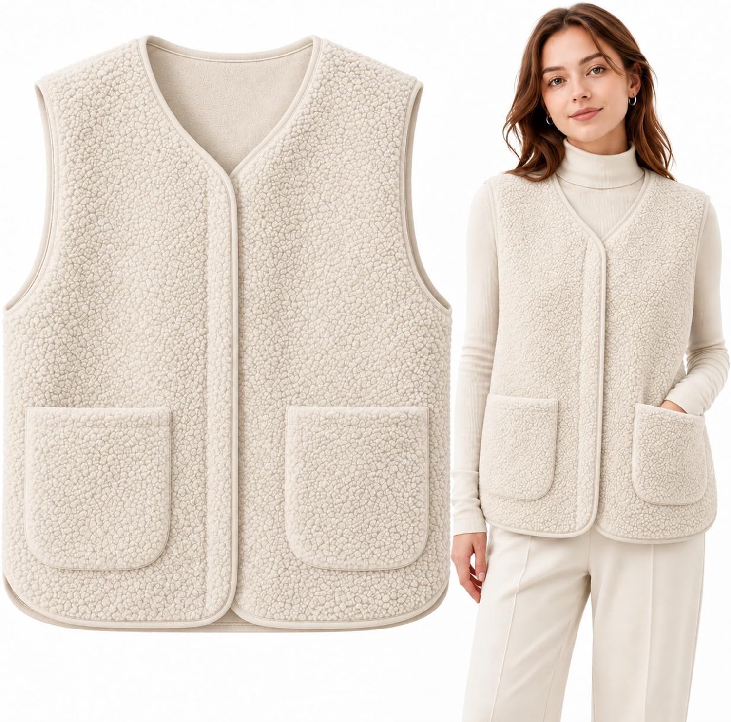 Vest voor dames, V-hals teddy fleece jas, Herfstjas, Wintermode voor meisjes