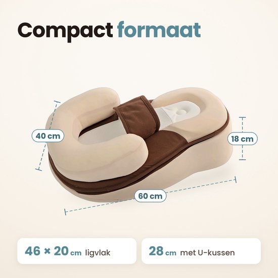 Compact babynestje (60x40 cm) met afmetingen voor het ligvlak (46x20 cm) en de breedte met U-kussen (28 cm).