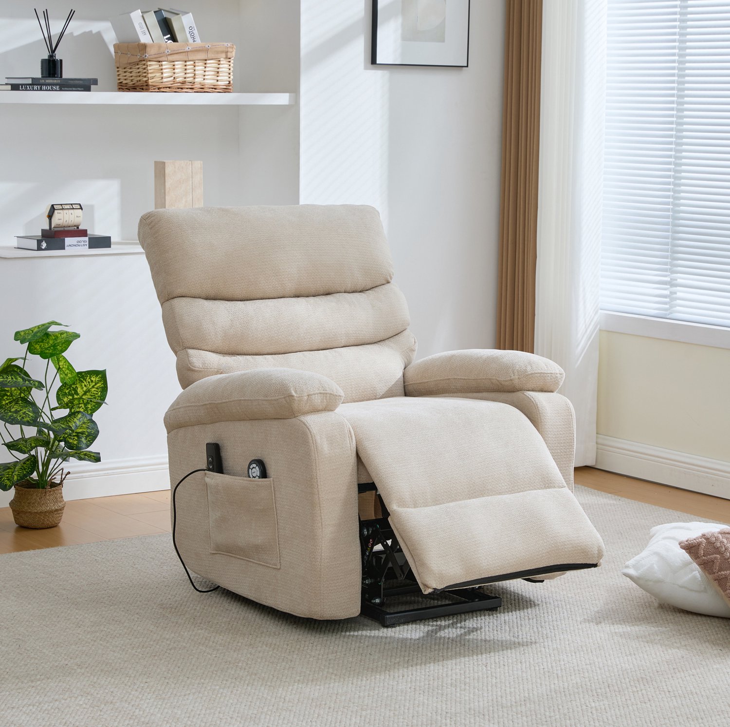 MEUNIQ elektrische relaxfauteuil met sta-opfunctie, massage en warmte, verstelbare rugleuning en voetensteun, afstandsbediening en zijvak, licht kaki