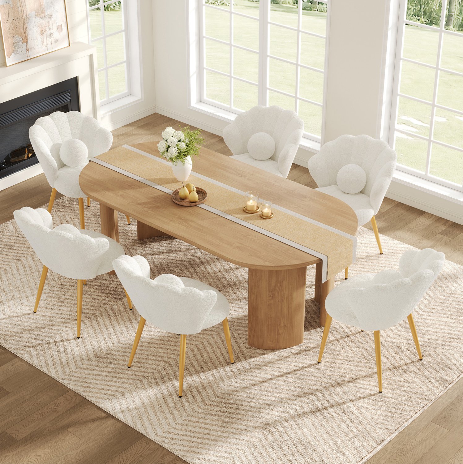 HAUSS SPOLE Eetkamerstoelen - Set van 6 - Schelpvormige Kuipstoelen met Sierkussens - Voor Eetkamer en Slaapkamer - Teddystof - Wit