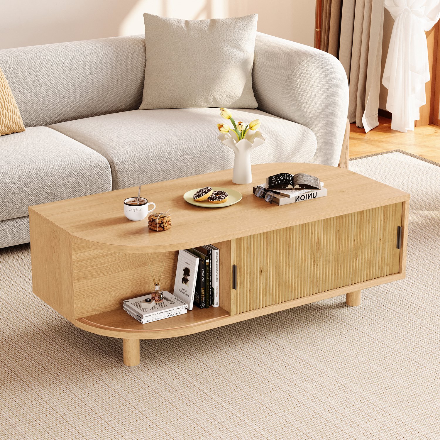 OKWISH Salontafel - 2 Schuifdeuren en Opbergruimte - Voor Woonkamer en Zithoek - MDF en Spaanplaat in Naturel Houtkleur - 100 x 50 x 35 cm