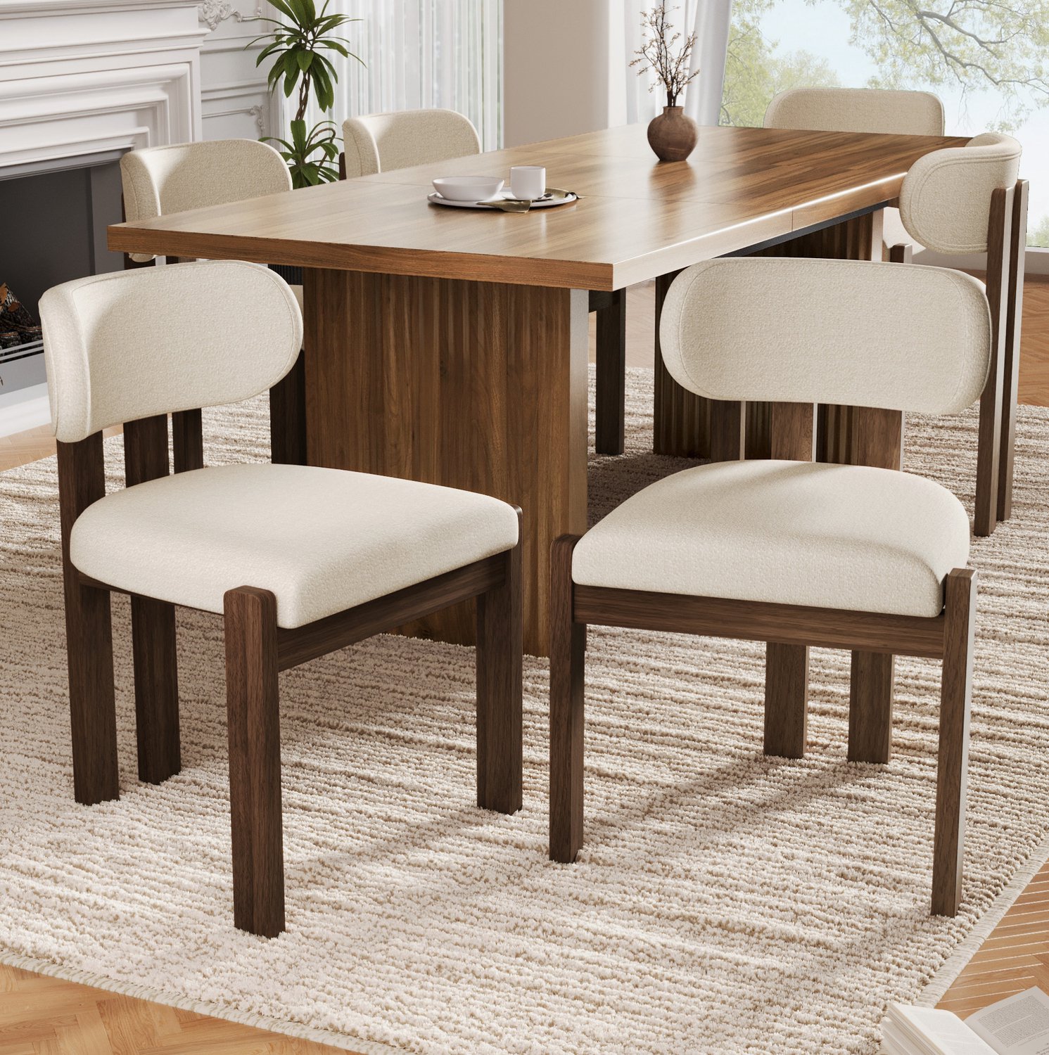 HAUSS SPOLE Eetkamerstoelen - Set van 2 - Bouclé Zitting en Rugleuning - Voor Eetkamer, Woonkamer en Café - Hout - Walnootkleurig en Beige Walnootkleurig, beige