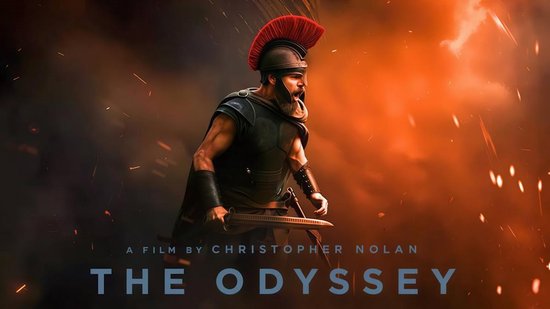 Krijger met rode helm en zwaard schreeuwt, filmposter voor The Odyssey van Christopher Nolan.