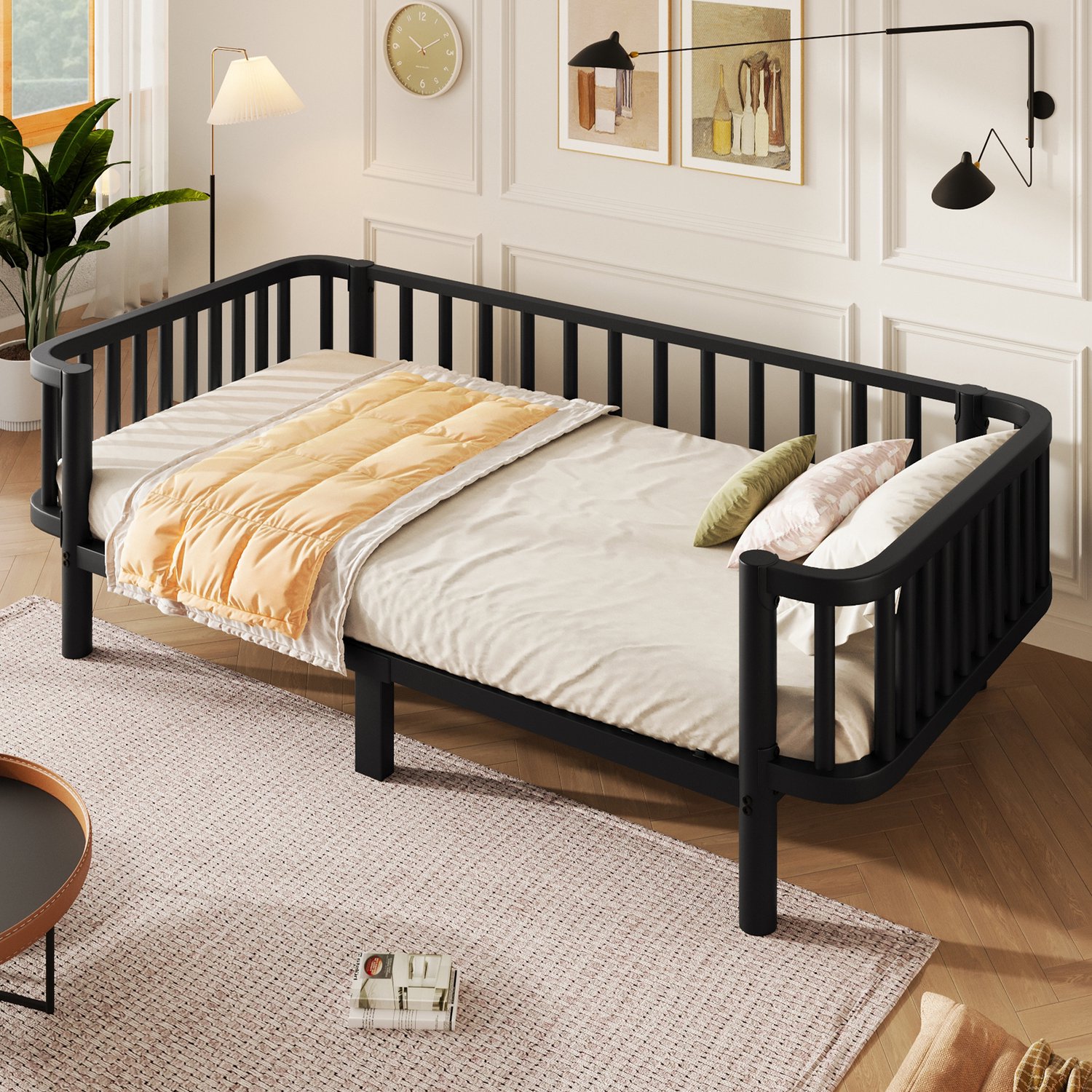 HAUSS SPOLE Metalen Bedbank 90x200 cm - Eenpersoonsbed met Stalen Lattenbodem - Zonder Matras - Voor Woonkamer en Slaapkamer - Metaal - Zwart