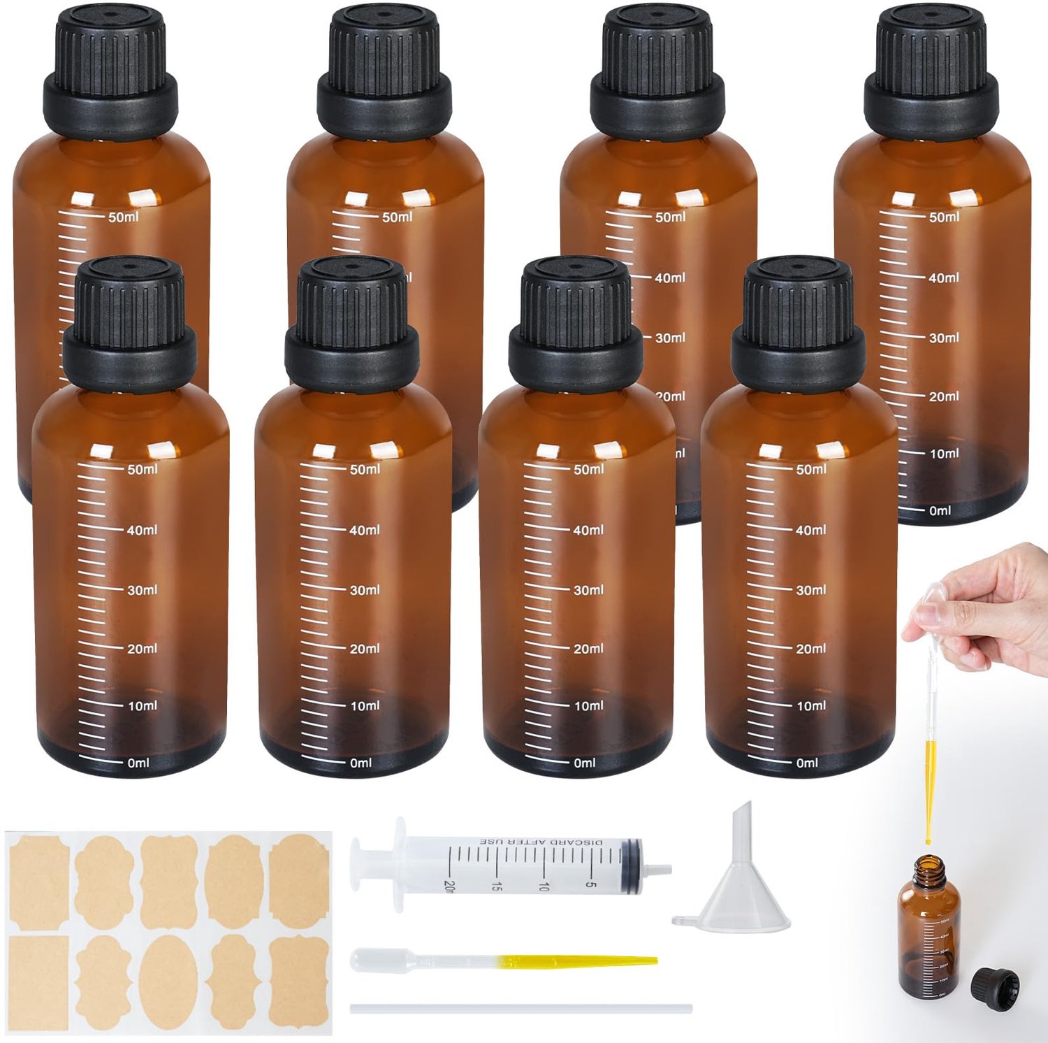 Set van 8 Amberkleurige Glazen Flessen voor Etherische Oliën