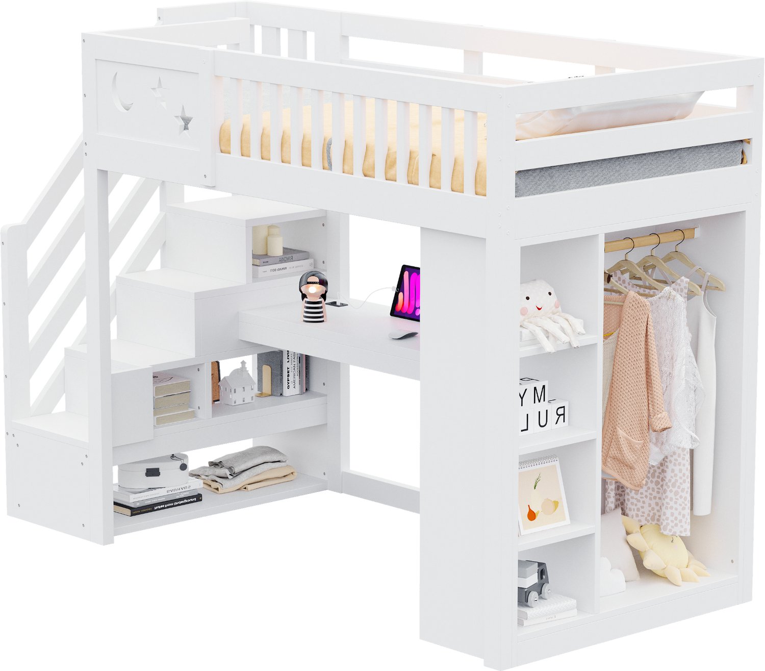 REDOM Hoogslaper 90x200 cm - Met bureau, opbergtrap, LED-verlichting en stopcontacten - Wit