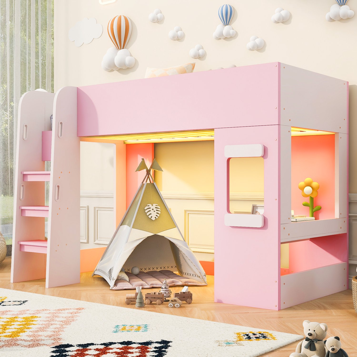 HAUSS SPOLE Hoogslaper 90x200 cm - Eenpersoonsbed met Bureau en Ledverlichting - Hoge Uitvalbeveiliging - Voor Kinderkamers - Hout en MDF - Roze en Wit