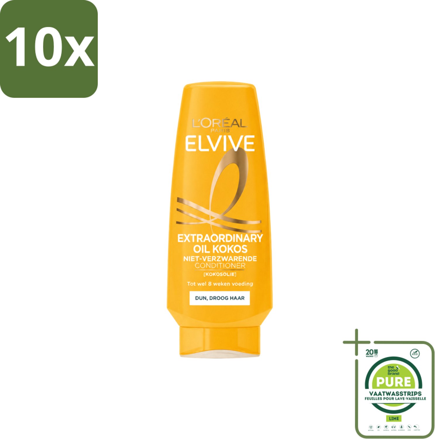 10 x L’Oréal Paris Elvive – Conditioner – Extraordinary Oil Kokos – 200 ml - Grootverpakking - Vaatwasstrips - Kokosolie Conditioner - Droog Haar - Haar Verzorging - Haar Voeding - Haar Zachtheid