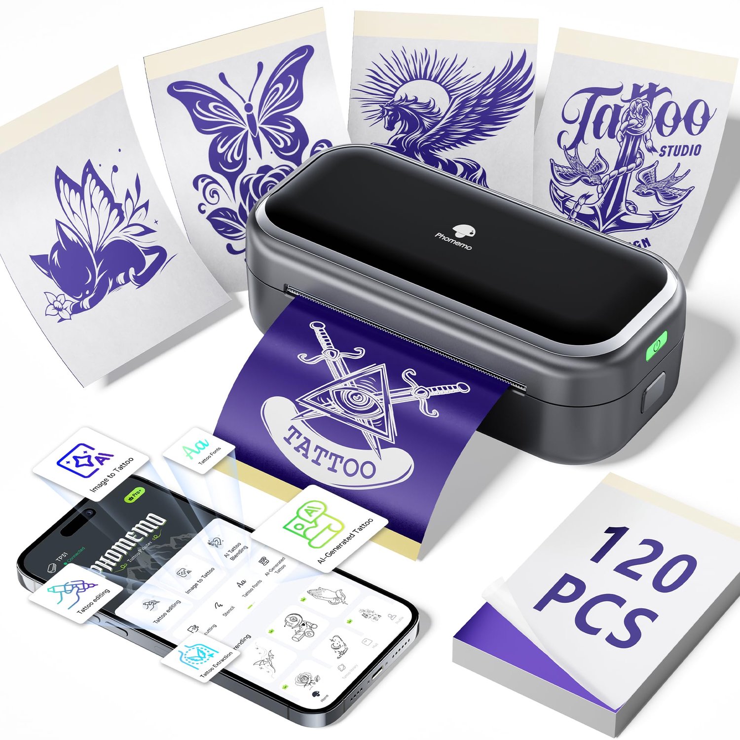 3 Inch Tattoo Printer met 120 Stuks Stencil Papier