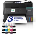 Epson EcoTank printer met inktflessen voorop en een blad waarop staat: Inclusief inkt voor 3 jaar.