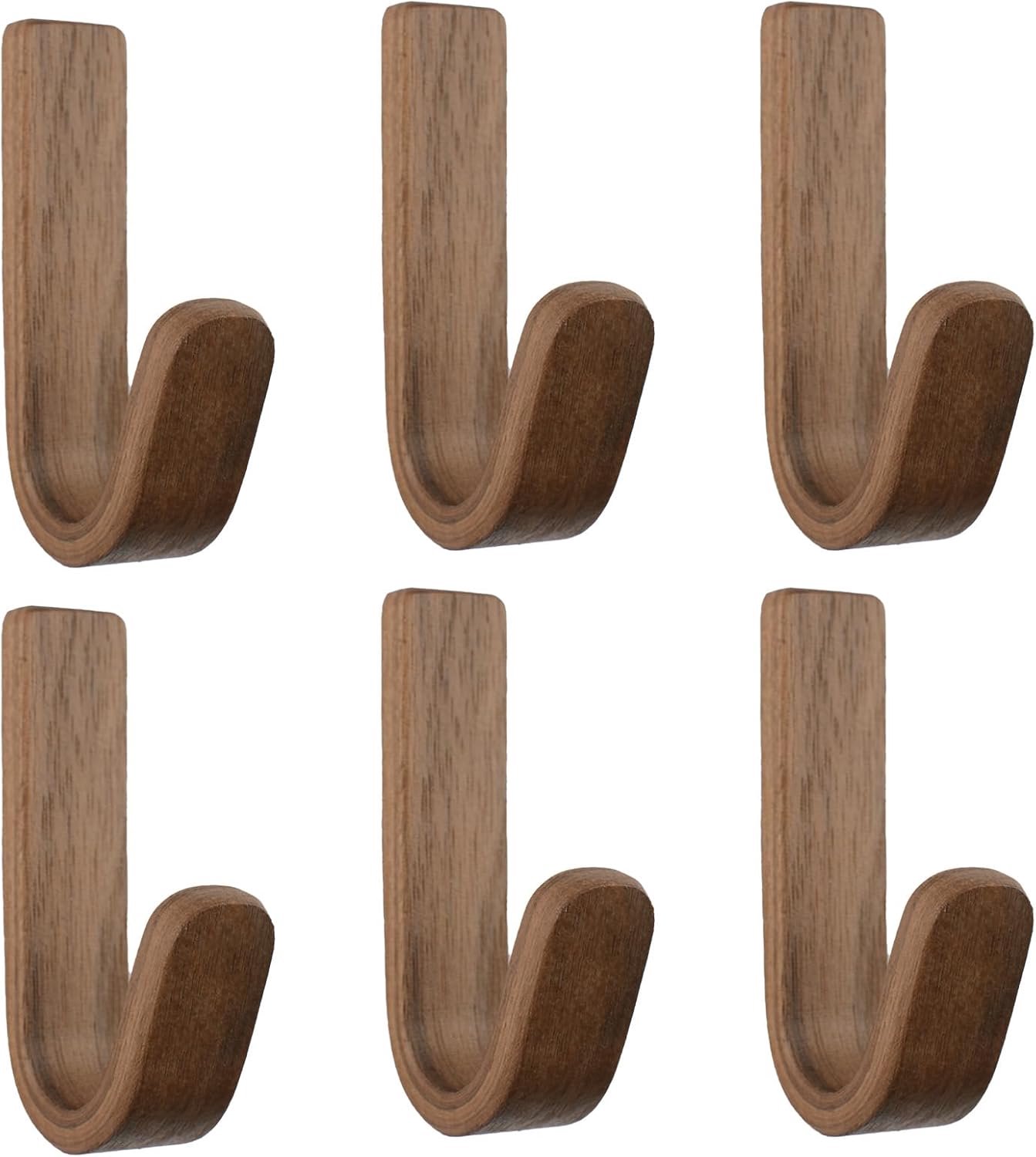 Dailygoods- Wandhaak 6 Stuks - Zelfklevende Wandhaken - Walnoot Kapstokhaken - Rubberhouten Haak - Zware Wandmontage - Hoogwaardig Materiaal