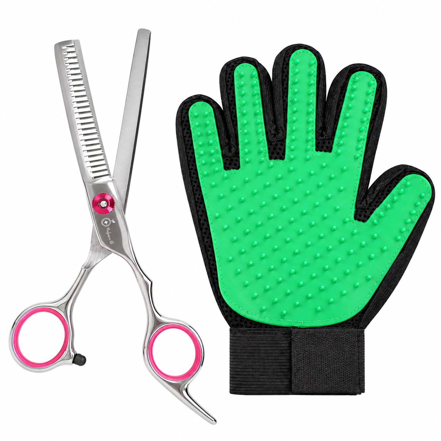 Professor Q Hondentrimset - Effileerschaar Zilver/Roze - Vachthandschoen Groen - 2-delig