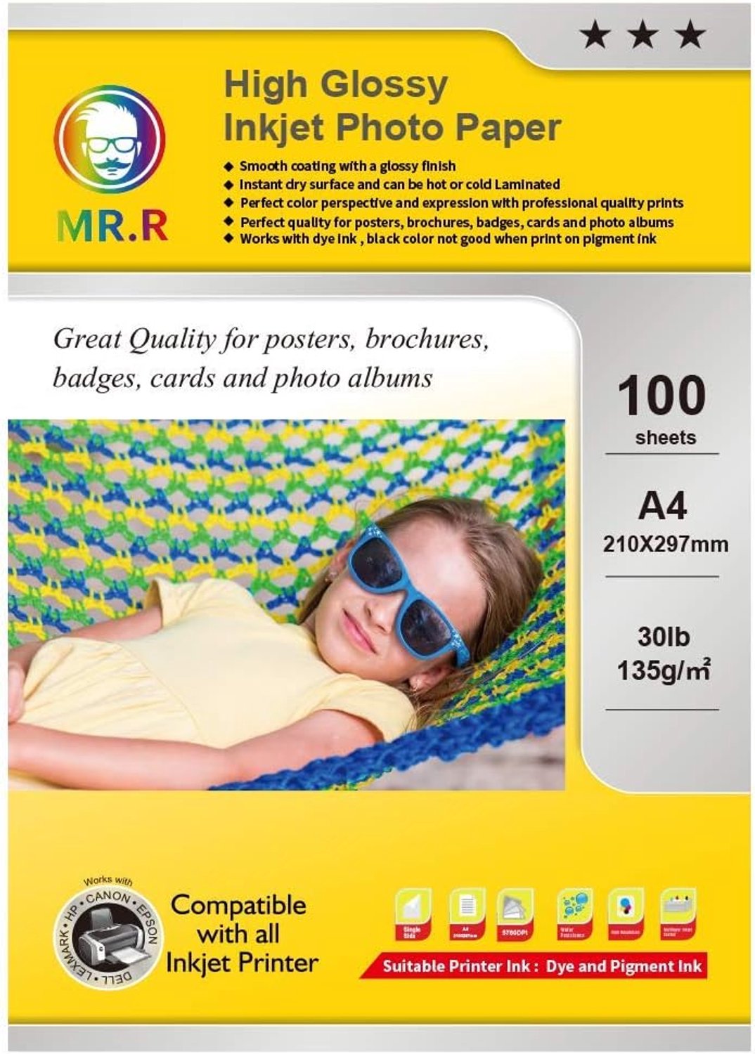 SnelShoppen - A4 Glanzend Fotopapier 135gsm 100 Vel - Instant Droog, Waterproof, Enkelzijdig, Voor Professionele Afdrukken, Perfect voor Posters, Broc