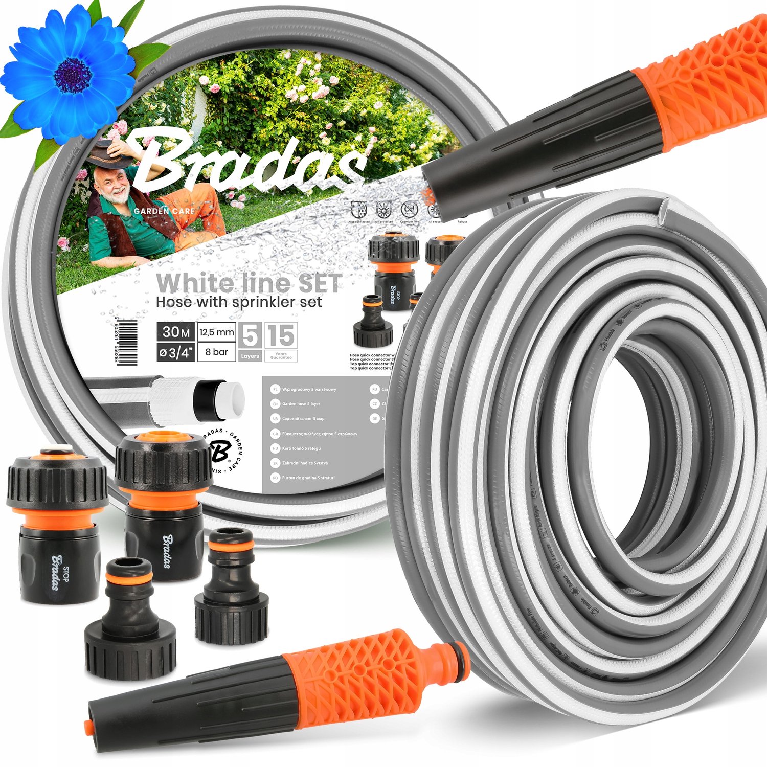 5-laags Tuinslang 3/4" 30m met Sproeier & Koppelingen
