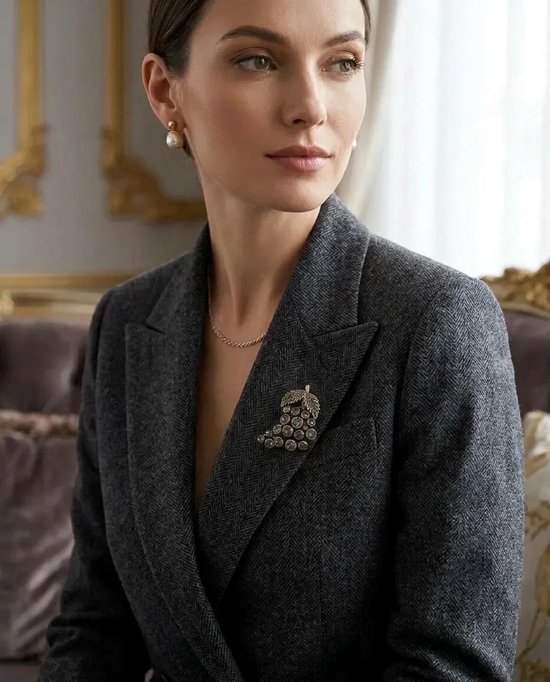 Model draagt een bronzen broche in de vorm van een druiventros met zirkoniasteentjes op een grijze herringbone blazer.