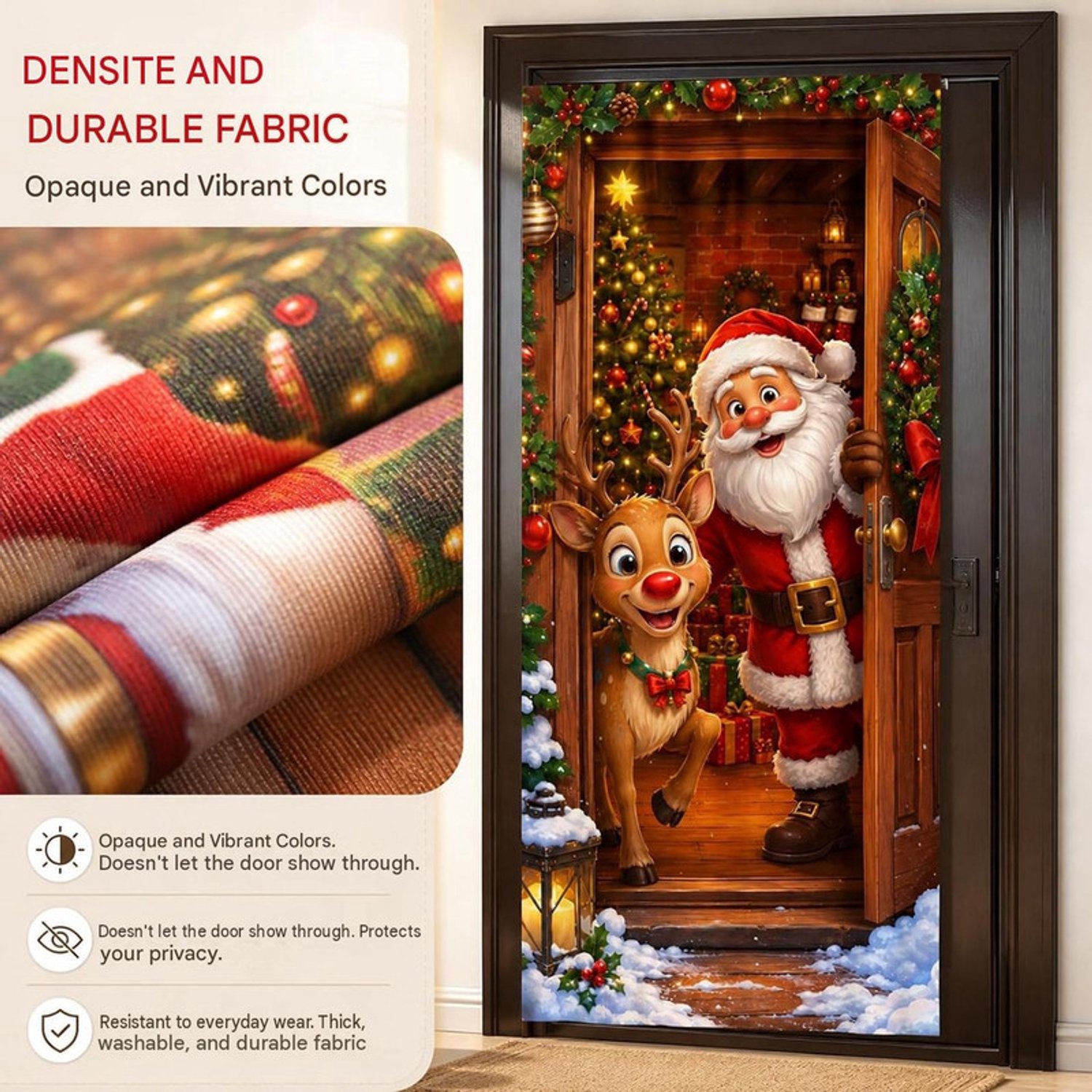 Deurgordijn – Kerstdeurgordijn met patronen van de Kerstman en rendieren – inclusief ophanggaten op de vier hoeken en een ophangtouw van 10 meter; geschikt voor deuren, ramen, huisdecoratie en kerstversiering – Afmetingen: 200 x 90 cm. – foto 4