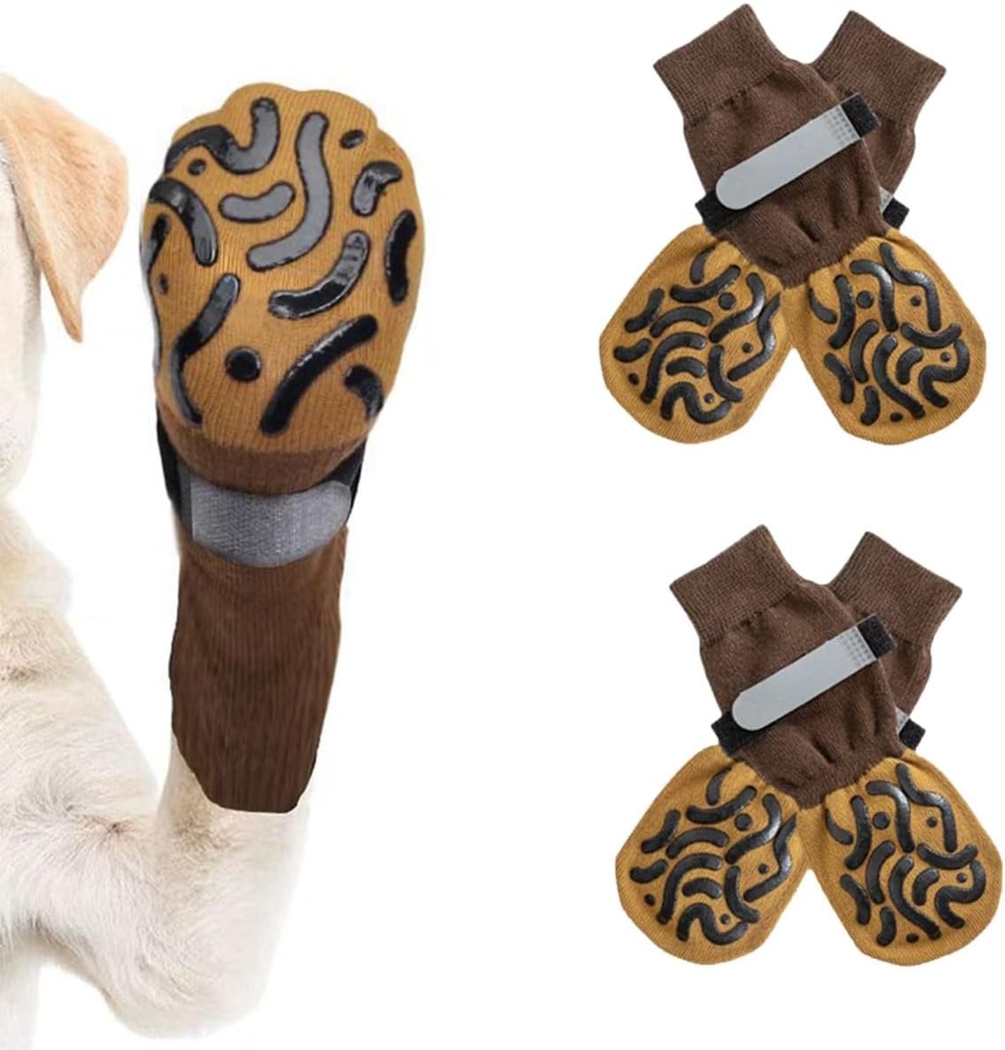 Hondensokken met reflecterende bandjes | 2 paar | Voetbescherming voor honden en katten (bruin, L)