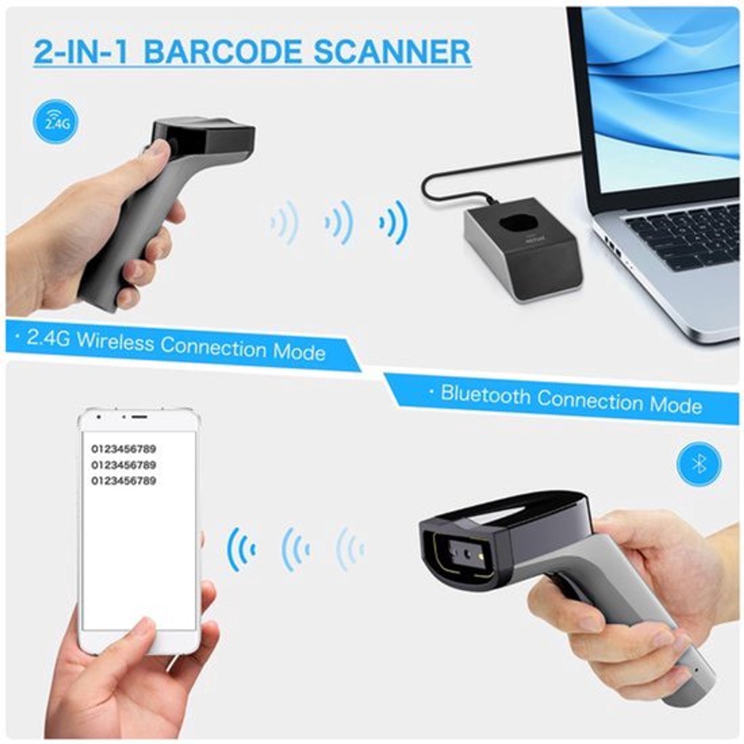 Draadloze Streepjescodescanner met Cradle, QR-Codescanner