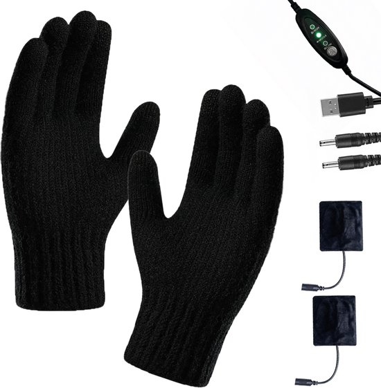 Zwarte gebreide handschoenen met USB-verwarmingselementen, bediening en kabels.