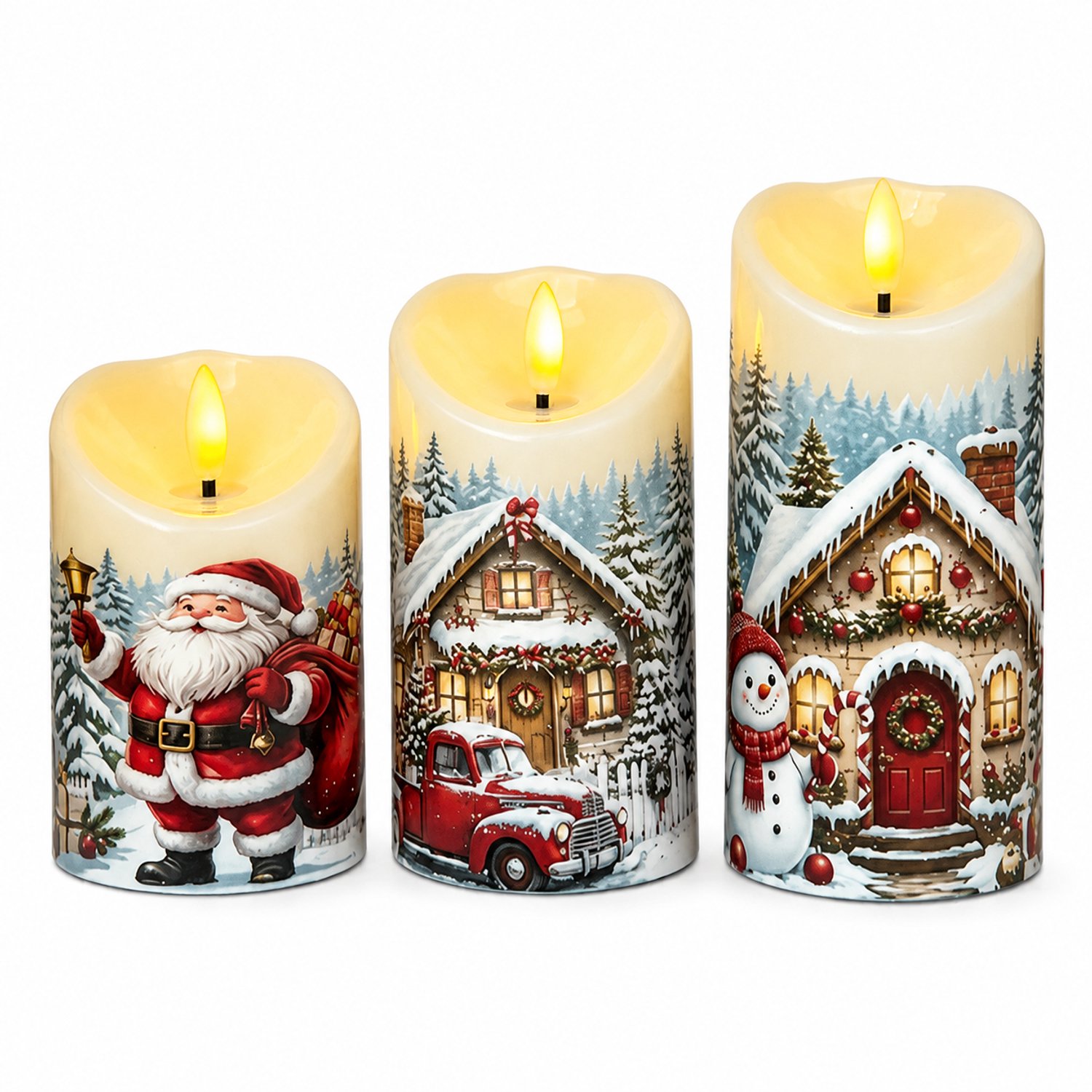 led kaarsen set van 3 met warm licht, schuine bovenrand en kersttaferelen in de sneeuw, voor binnen, op batterijen, zonder batterijen