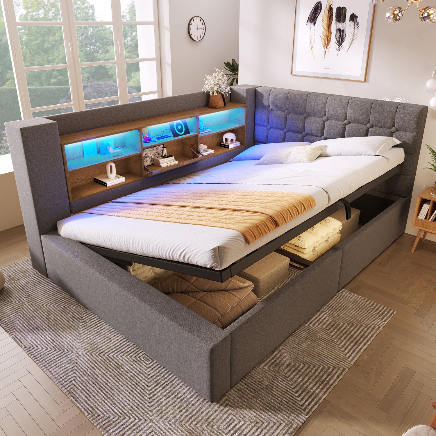 intebiki Gestoffeerd tweepersoonsbed van 140x200 cm met ledverlichting - hydraulische opbergruimte - L-vormig hoofdeinde met opbergruimte - aan beide zijden te monteren - lattenbodem - linnen stof - grijs (exclusief matras)