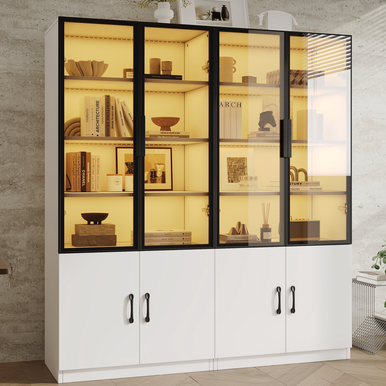 MODFU Vitrinekast Met LED-Verlichting - Rookglas - Wit - 120 x 40 x 160 cm